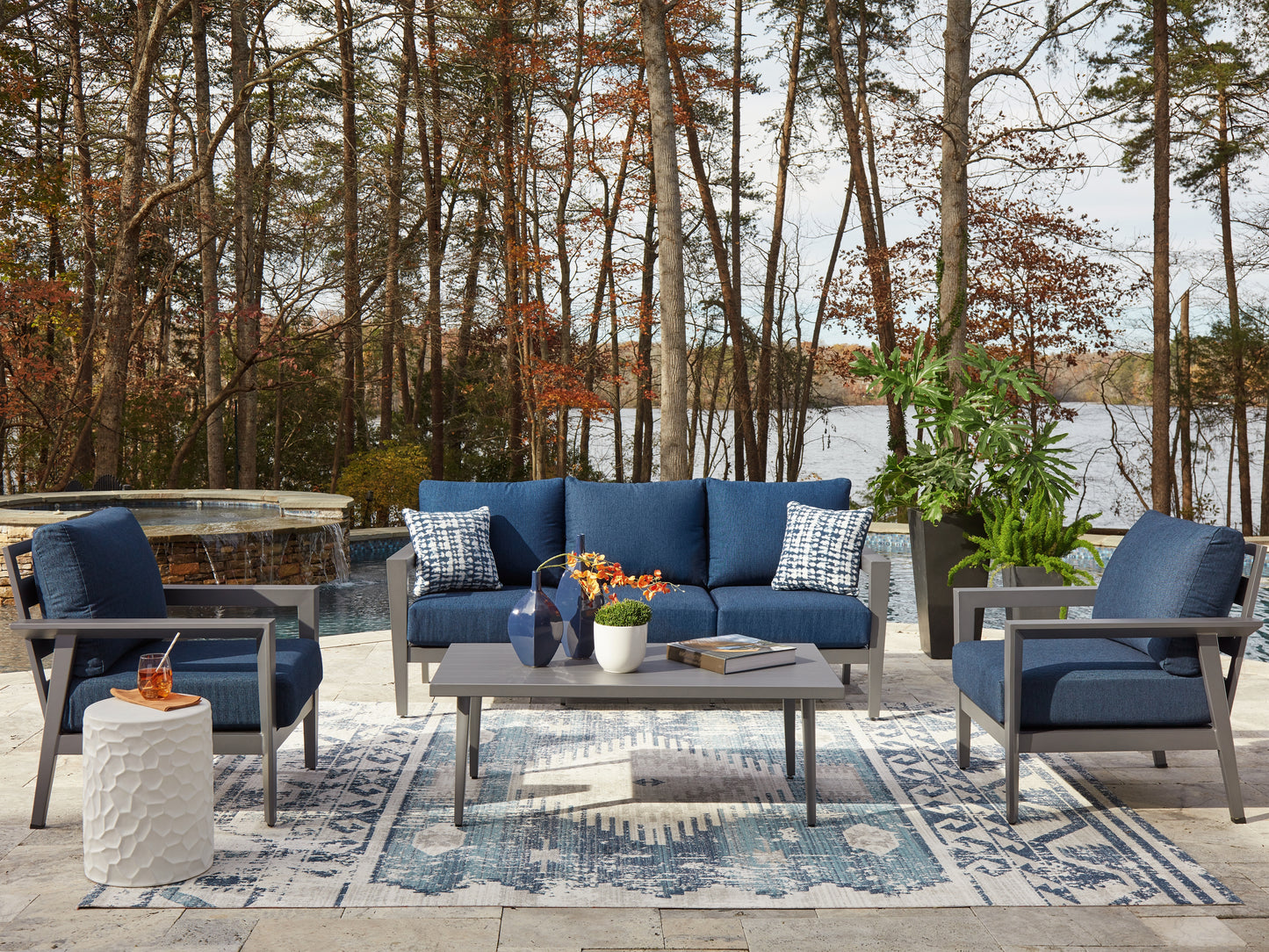Bradenton Furniture Outlet - Ashley Furniture - Gali Outdoor - Sofa/Chairs/Table Set (4/CN) / Gray/Blue - P275-081