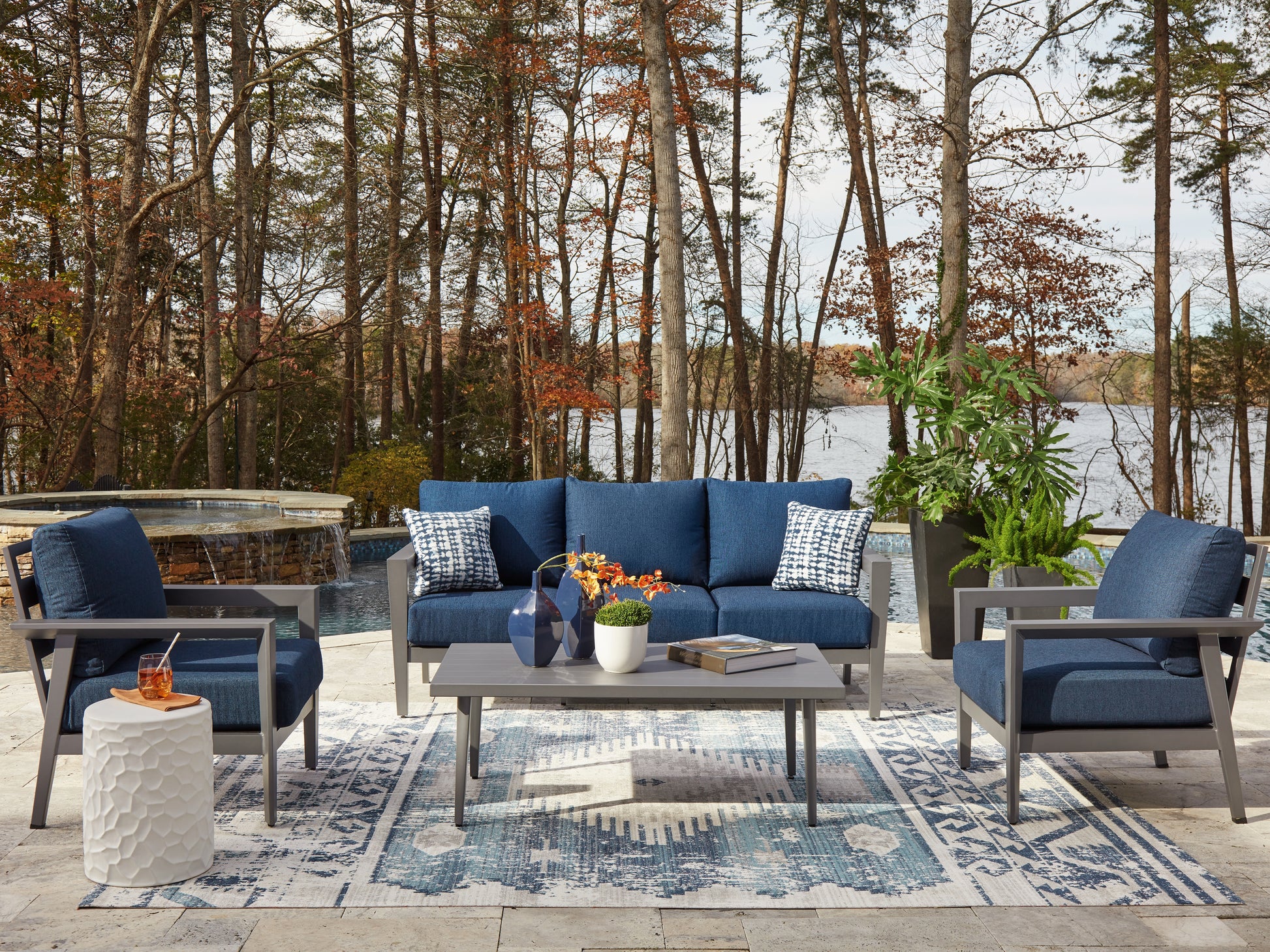 Bradenton Furniture Outlet - Ashley Furniture - Gali Outdoor - Sofa/Chairs/Table Set (4/CN) / Gray/Blue - P275-081