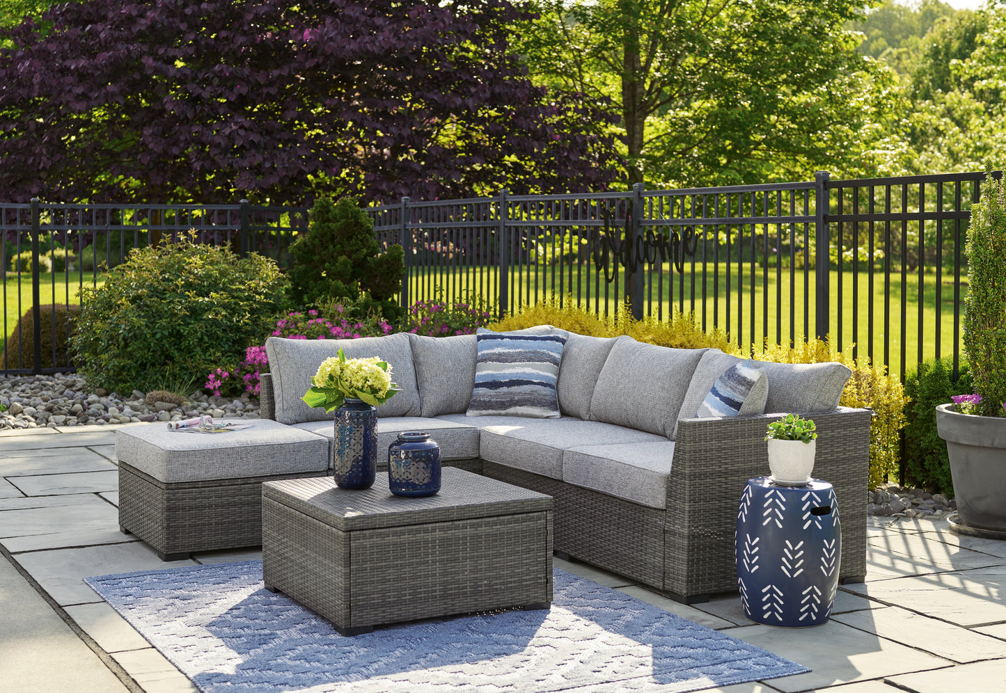 Bradenton Furniture Outlet - Ashley Furniture - Petal Road Outdoor - LoveseatSEC/OTTO/TBL Set(4/CN) / Gray - P297-070