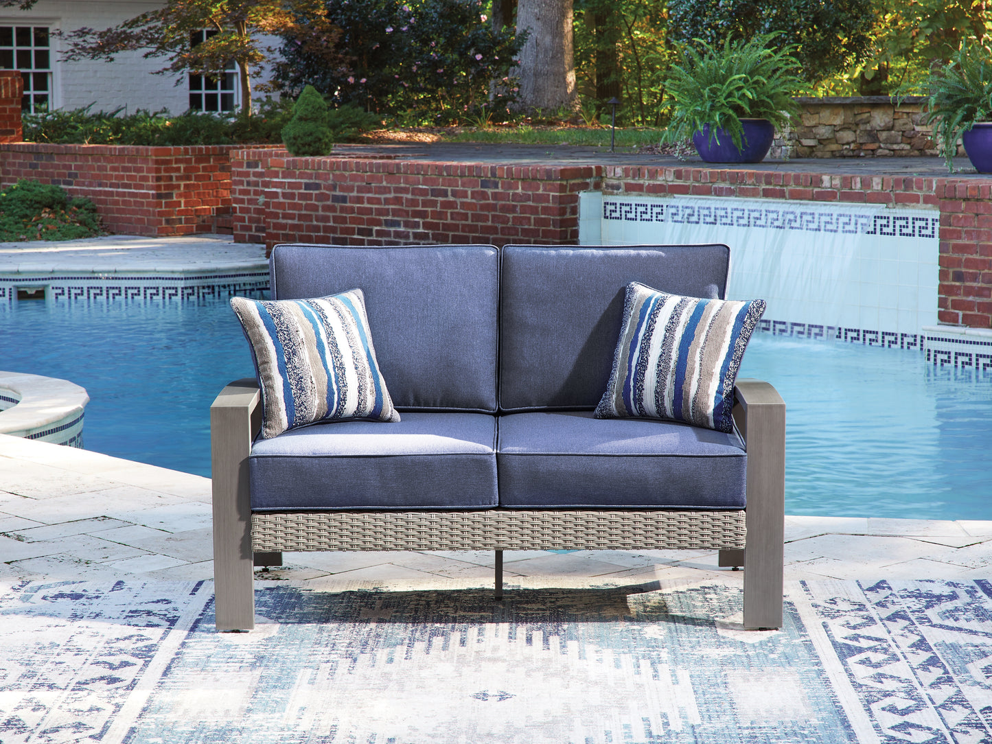 Bradenton Furniture Outlet - Ashley Furniture - Half Moon Beach Outdoor - Loveseat w/Cushion / Blue/Gray - PCP418-835