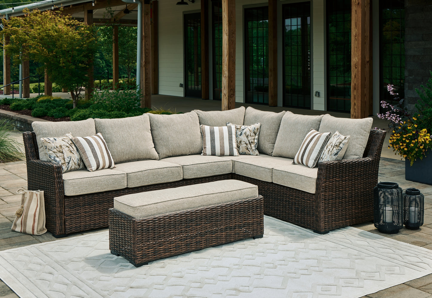 Bradenton Furniture Outlet - Ashley Furniture - Brook Ranch Outdoor - Sofa SEC/Bench w/CUSH (3/CN) / Brown - P465-822