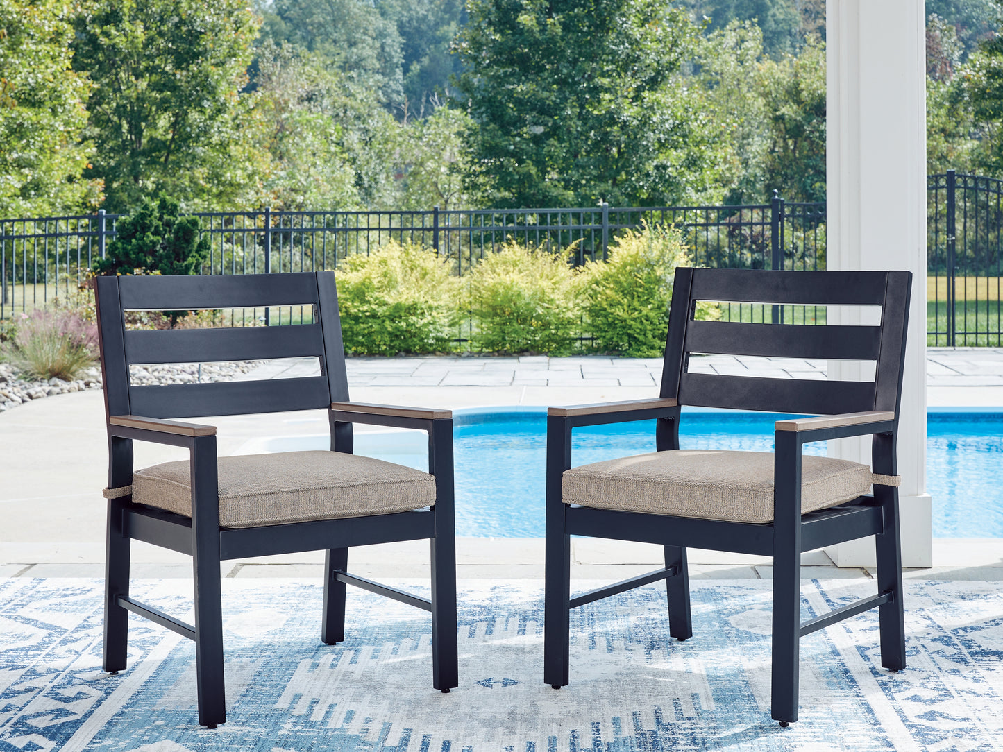 Bradenton Furniture Outlet - Ashley Furniture - East Beach Outdoor - Arm Chair With Cushion (Set of 2) / Navy Blue/Driftwood - PCP587-601A