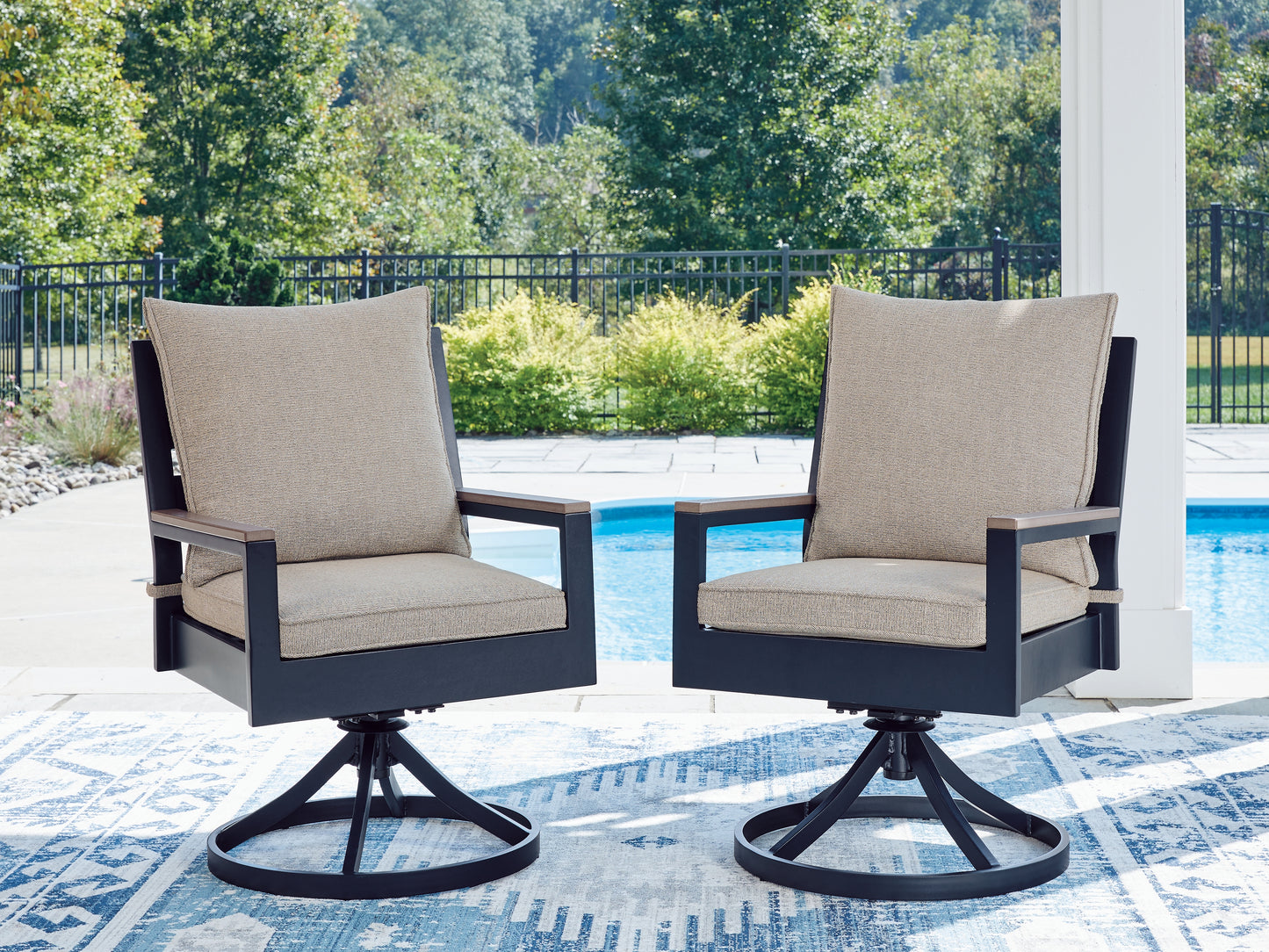 Bradenton Furniture Outlet - Ashley Furniture - East Beach Outdoor - Swivel Chair w/Cushion (Set of 2) / Navy Blue/Driftwood - PCP587-602A