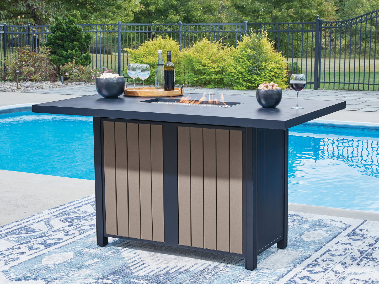 Bradenton Furniture Outlet - Ashley Furniture - East Beach Outdoor - RECT Bar Table w/Fire Pit / Navy Blue/Driftwood - PCP587-665