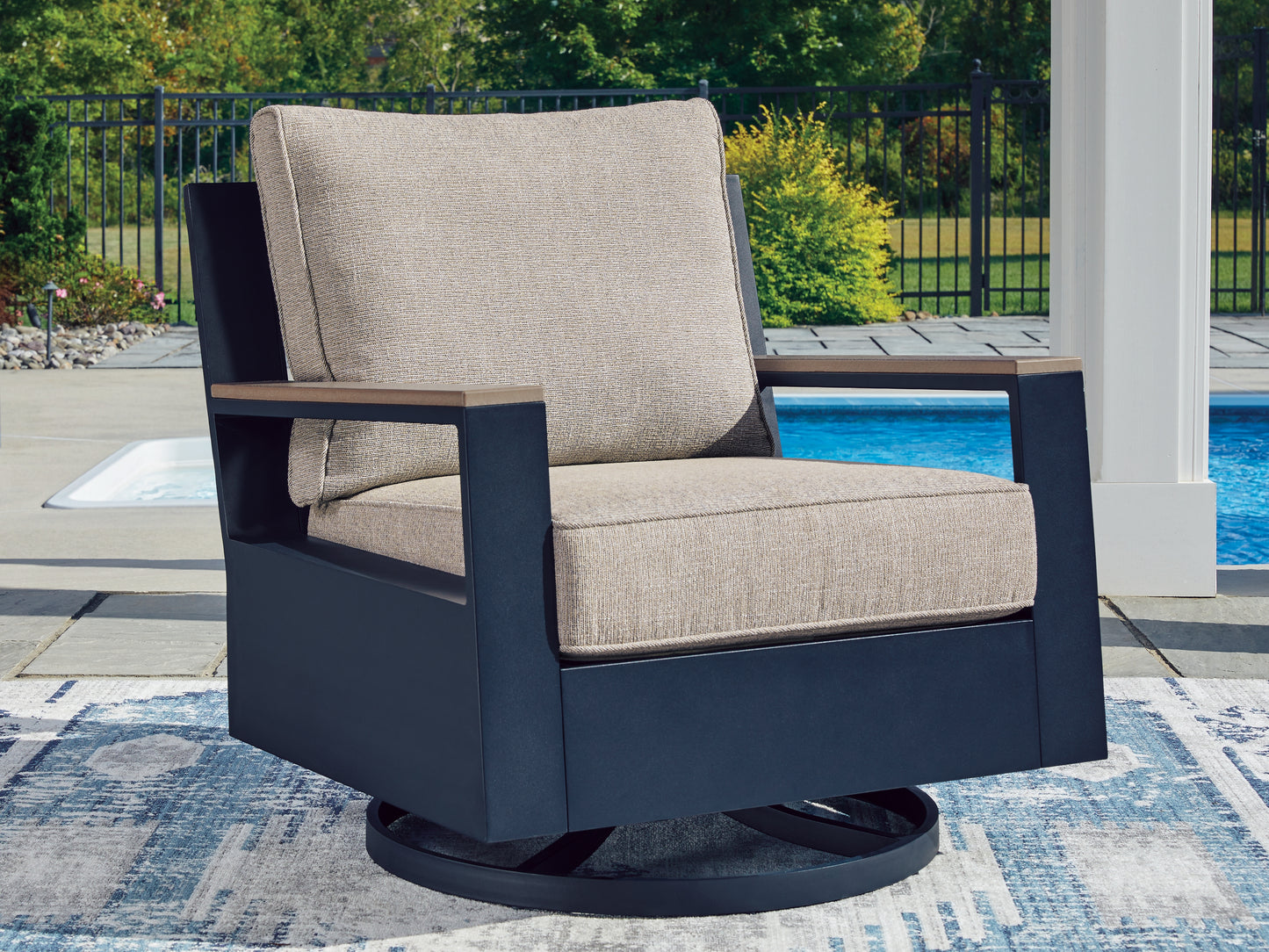 Bradenton Furniture Outlet - Ashley Furniture - East Beach Outdoor - Swivel Glider Chair w/Cushion / Navy Blue/Driftwood - PCP587-821