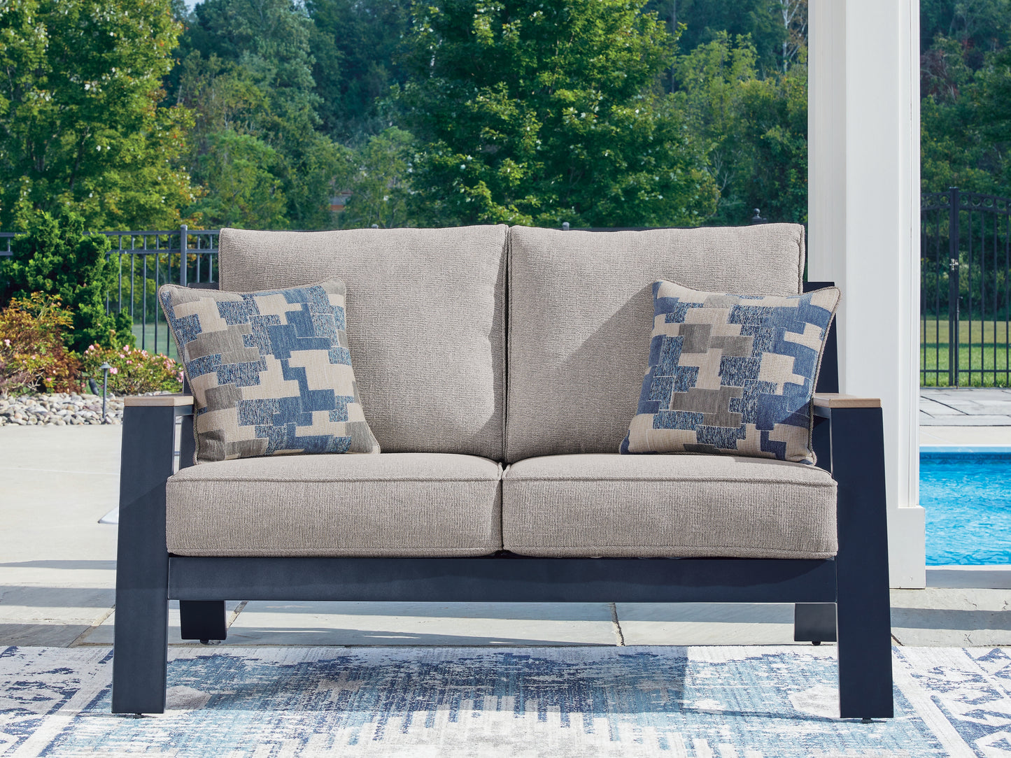 Bradenton Furniture Outlet - Ashley Furniture - East Beach Outdoor - Loveseat w/Cushion / Navy Blue/Driftwood - PCP587-835