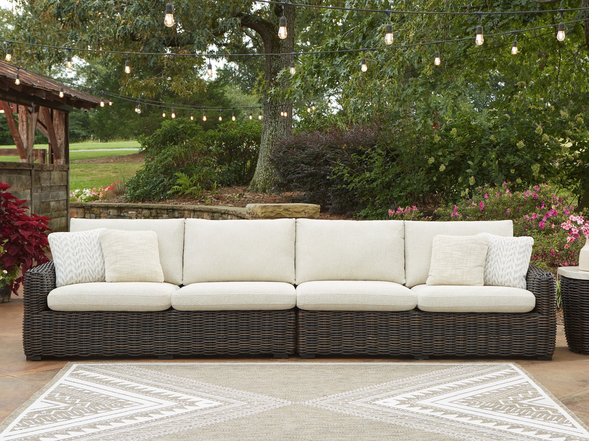 Bradenton Furniture Outlet - Ashley Furniture - Kimora Outdoor - RAF/LAF Loveseat w/CUSH (Set of 2) / Beige/Dark Brown - P711-854