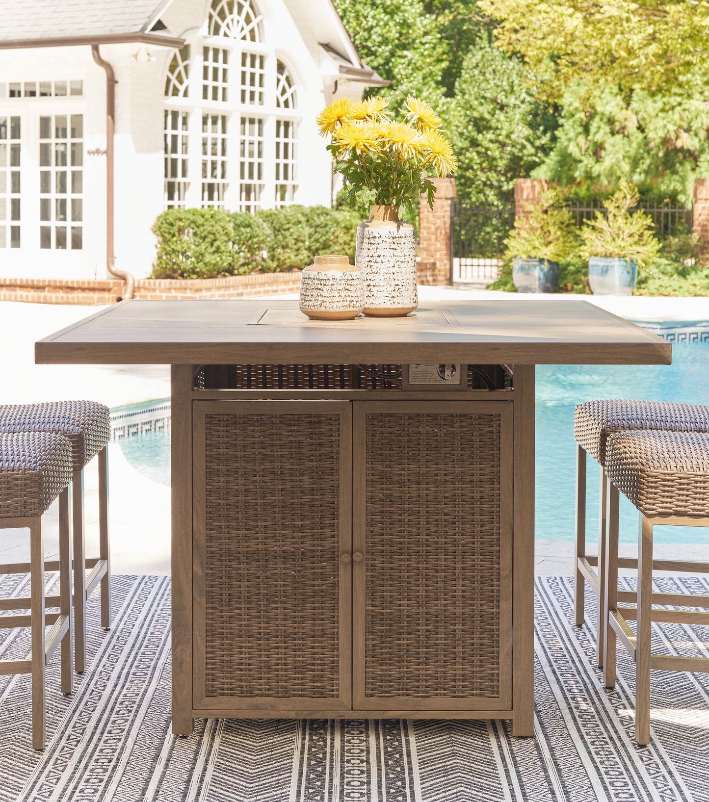 Bradenton Furniture Outlet - Ashley Furniture - Walton Bridge Outdoor - Square Bar Table w/Fire Pit / Driftwood - P749-665