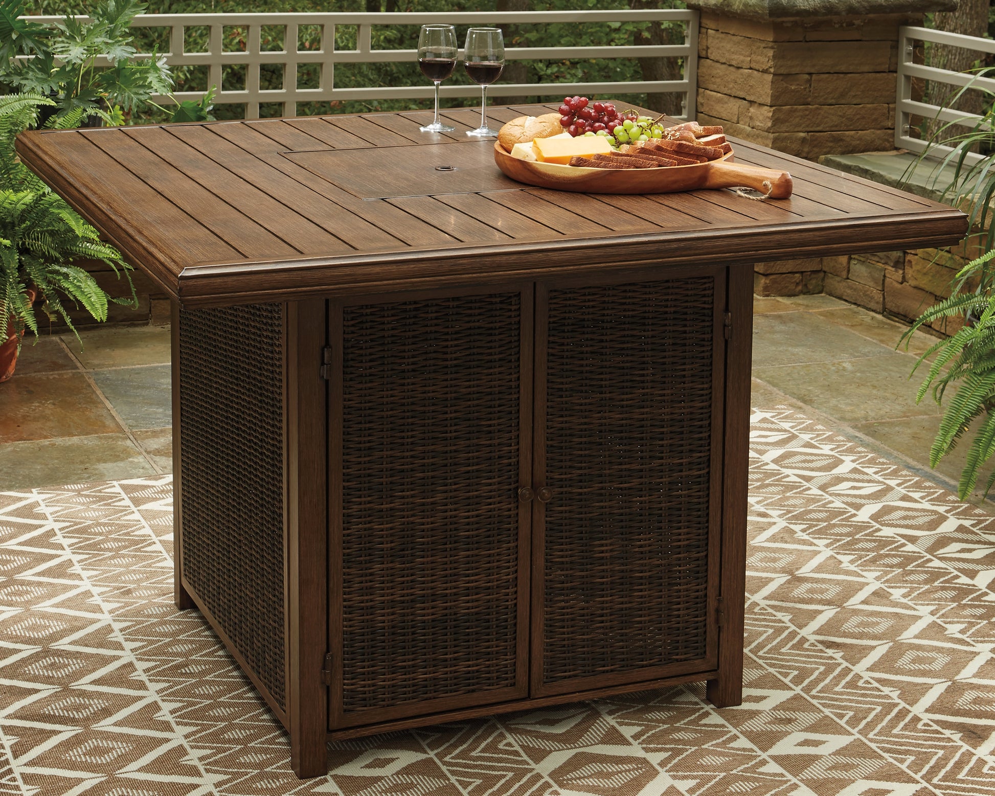 Bradenton Furniture Outlet - Ashley Furniture - Paradise Trail Outdoor - Square Bar Table w/Fire Pit / Medium Brown - P750-665