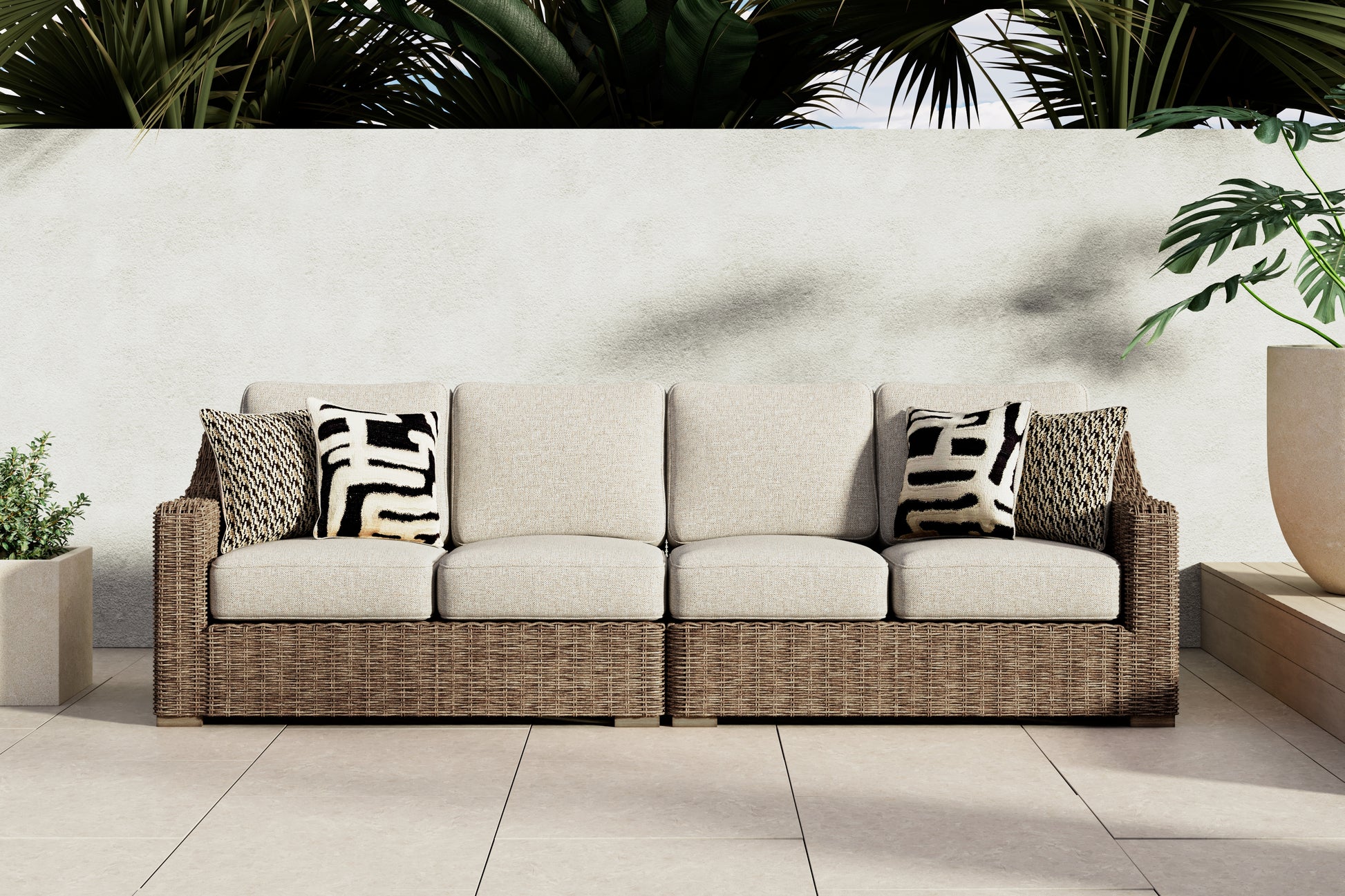 Bradenton Furniture Outlet - Ashley Furniture - Beachcroft Outdoor - RAF/LAF Loveseat w/CUSH (Set of 2) / Beige - P791-854