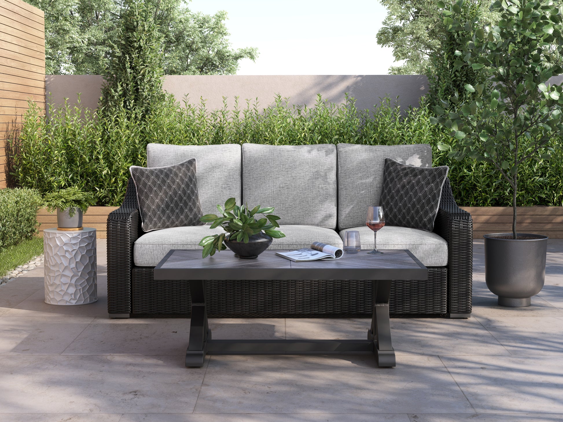 Bradenton Furniture Outlet - Ashley Furniture - Beachcroft Outdoor - Sofa with Cushion / Black/Light Gray - P792-838