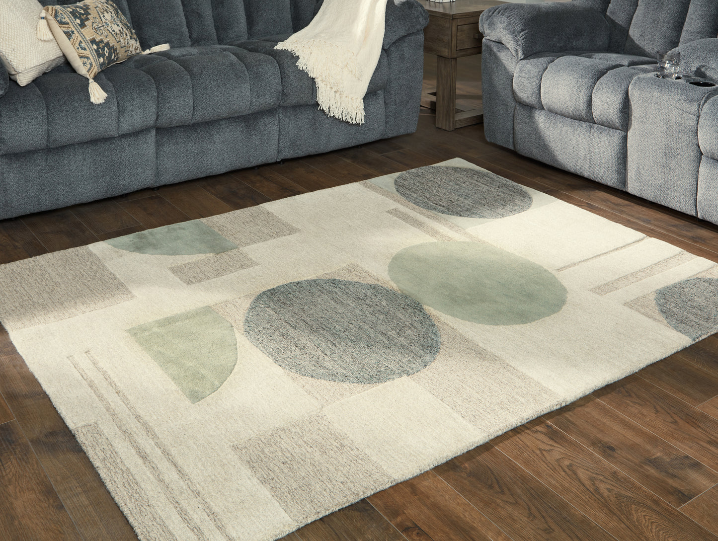 Bradenton Furniture Outlet - Ashley Furniture - Dallane Rug - 5' x 7' Rug / Linen/Blue/Green - R406352
