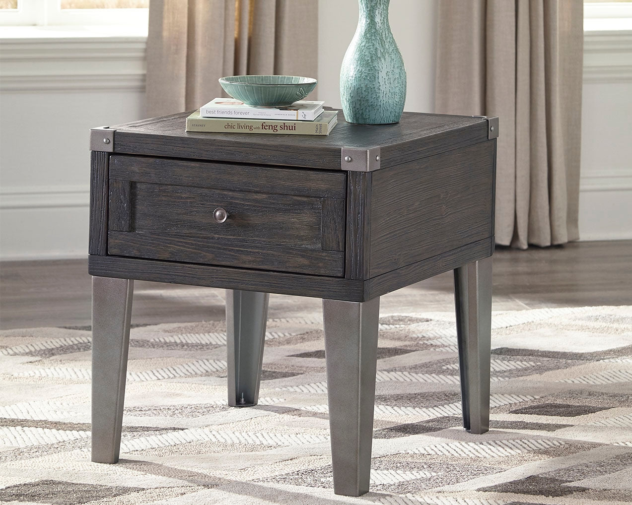 Bradenton Furniture Outlet - Ashley Furniture - Todoe End Table with USB Ports & Outlets - Rectangular End Table / Dark Gray - T901-3