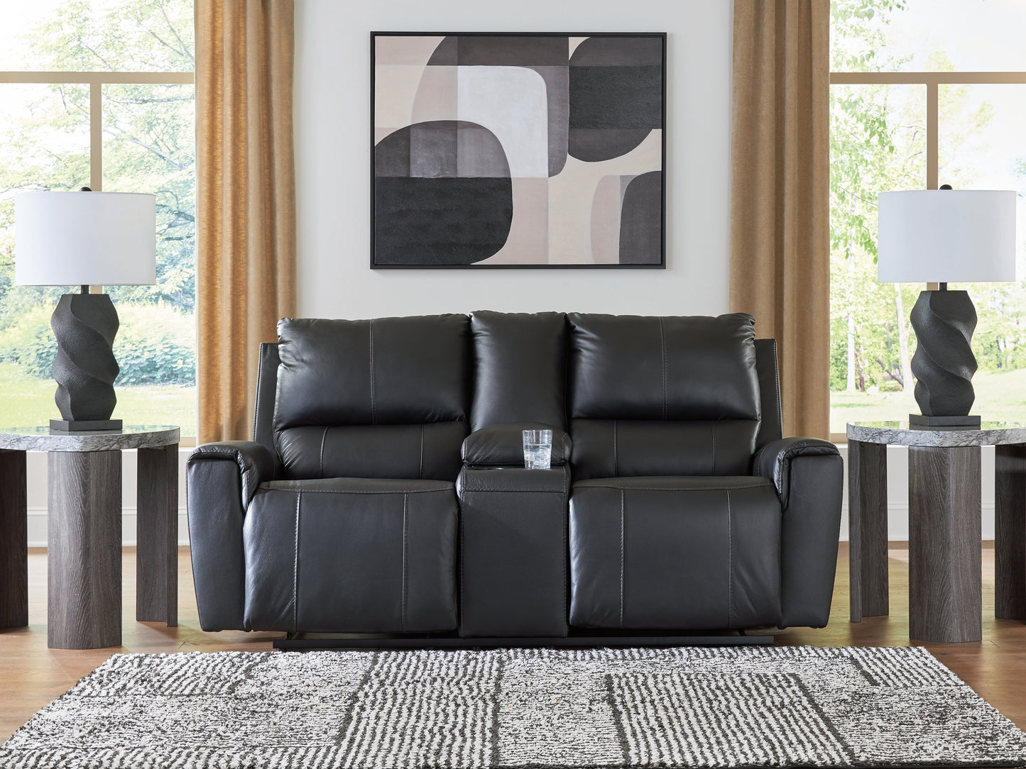 Bradenton Furniture Outlet - Ashley Furniture - Glossmore Living Room - DBL Rec Loveseat w/Console / Black - PCU1170094