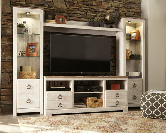 Bradenton Furniture Outlet - Ashley Furniture - Willowton Entertainment Center - 4-Piece Entertainment Center / Whitewash - W267W3