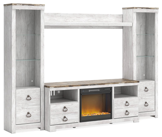 Bradenton Furniture Outlet - Ashley Furniture - Willowton 4-Piece Entertainment Center with Electric Fireplace - 4-Piece Entertainment Center with Electric Fireplace / Whitewash - W267W4