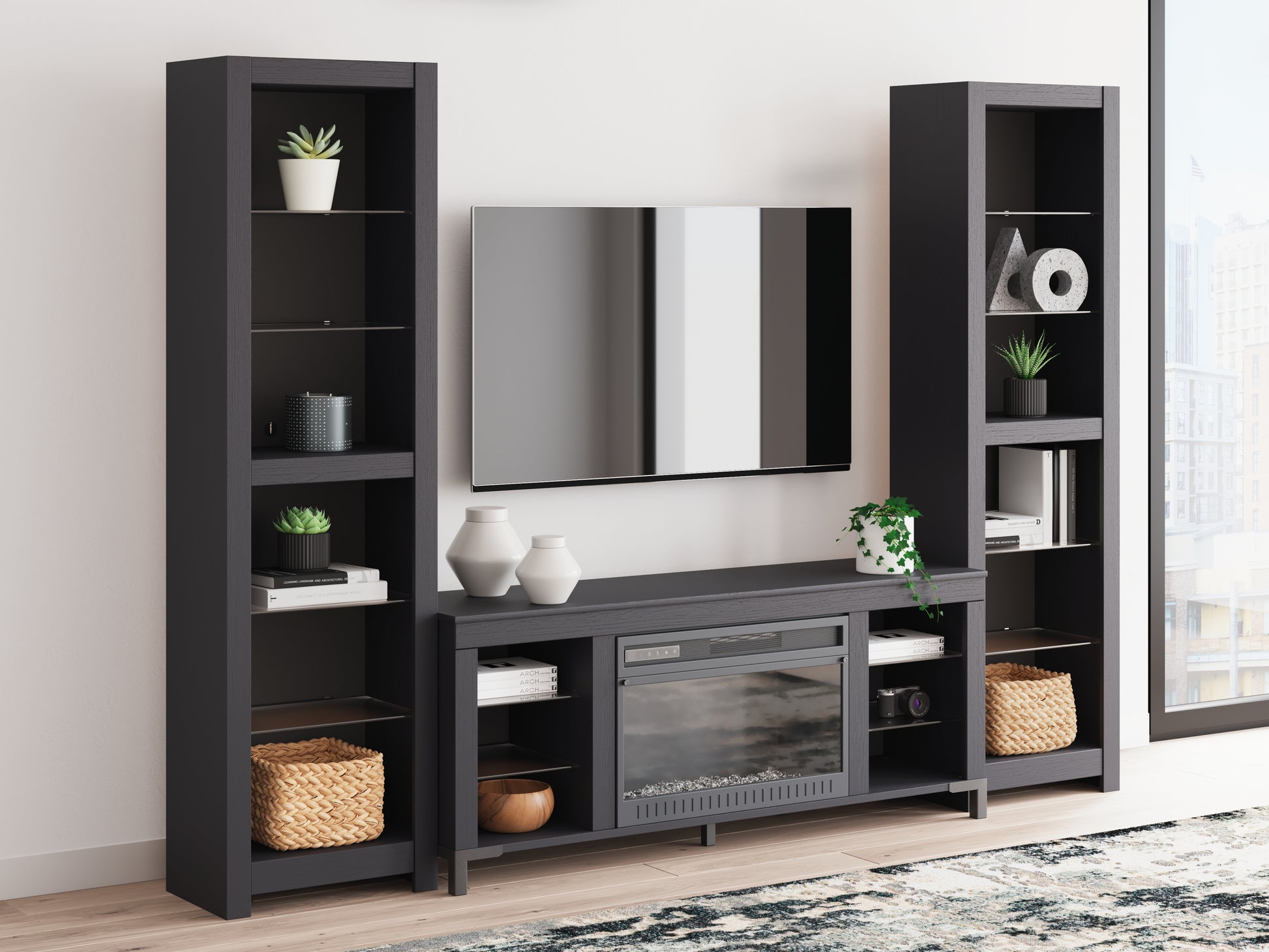 Bradenton Furniture Outlet - Ashley Furniture - Cayberry 3-Piece Entertainment Center with Electric Fireplace - 3-Piece Entertainment Center with Electric Fireplace / Black - W2721W2