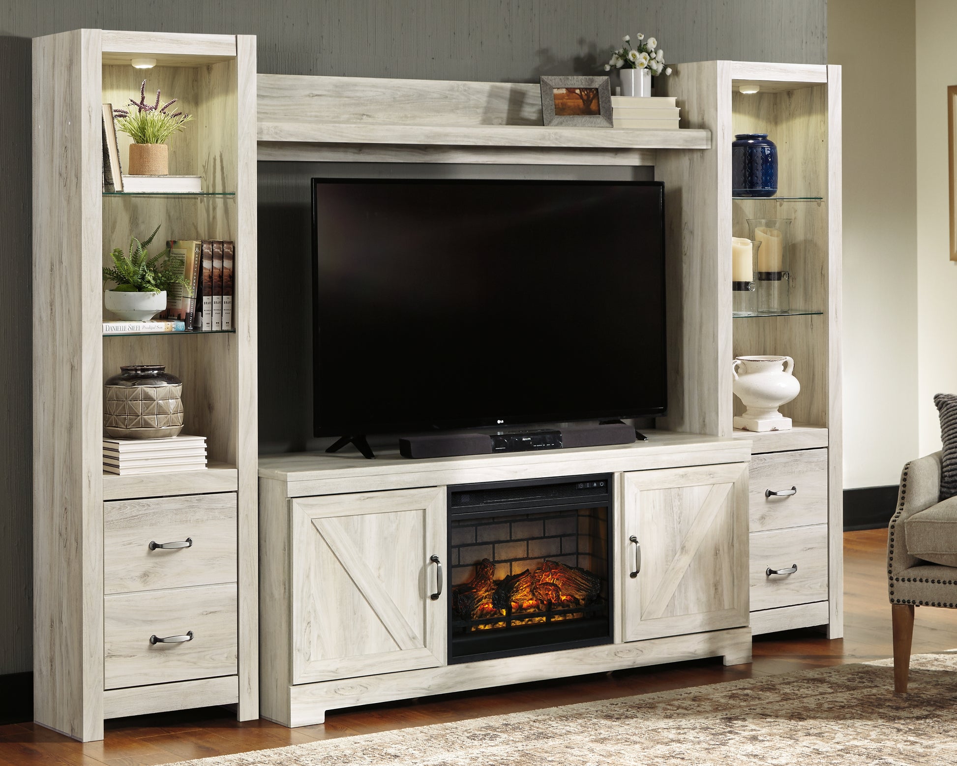 Bradenton Furniture Outlet - Ashley Furniture - Bellaby 4-Piece Entertainment Center with Electric Fireplace - 4-Piece Entertainment Center with Electric Fireplace / Whitewash - W331W8