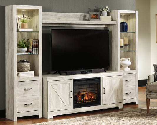 Bradenton Furniture Outlet - Ashley Furniture - Bellaby 4-Piece Entertainment Center with Electric Fireplace - 4-Piece Entertainment Center with Electric Fireplace / Whitewash - W331W8