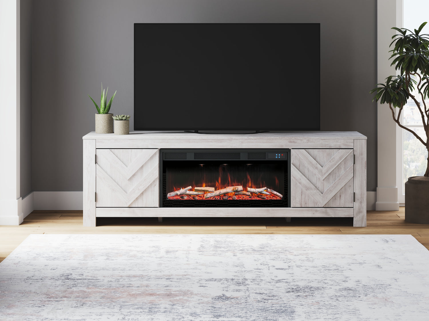Bradenton Furniture Outlet - Ashley Furniture - Cayboni 71" TV Stand with Electric Fireplace - 71" TV Stand with Electric Fireplace / Whitewash - W3788W1