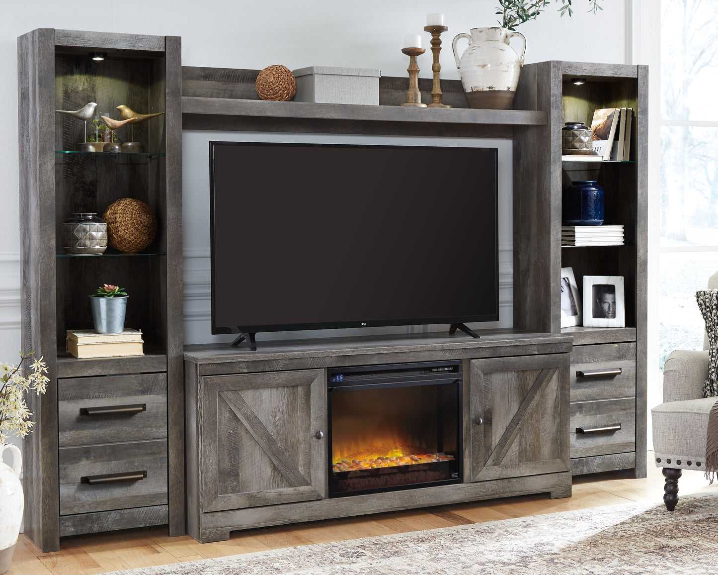 Bradenton Furniture Outlet - Ashley Furniture - Wynnlow 4-Piece Entertainment Center with Electric Fireplace - 4-Piece Entertainment Center with Electric Fireplace / Gray - W440W5