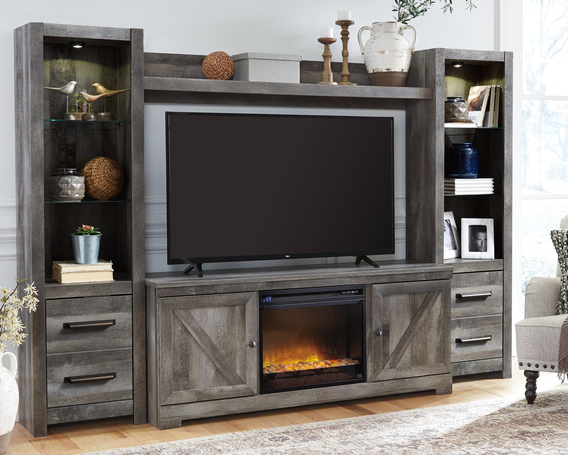 Bradenton Furniture Outlet - Ashley Furniture - Wynnlow 4-Piece Entertainment Center with Electric Fireplace - 4-Piece Entertainment Center with Electric Fireplace / Gray - W440W5