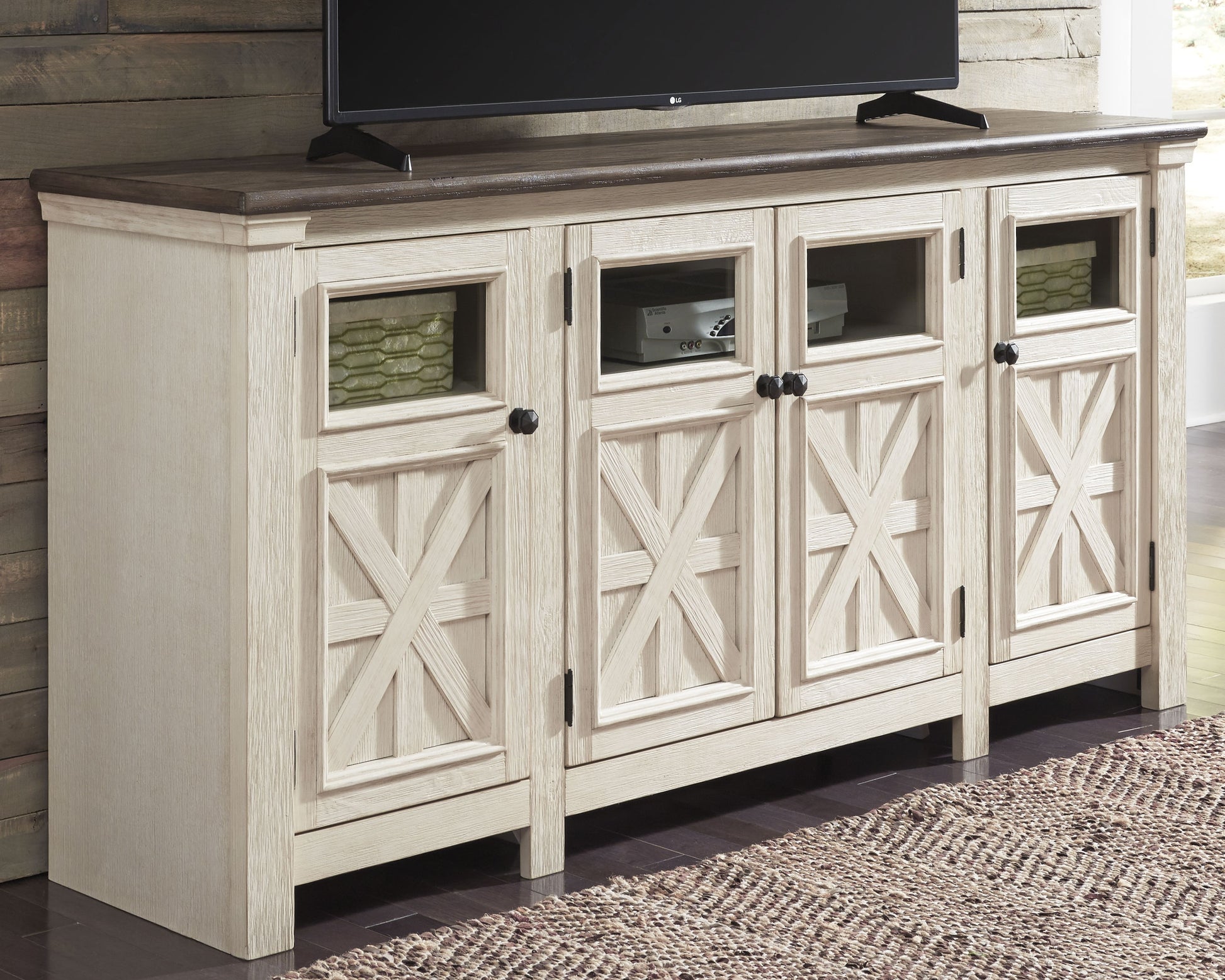 Bradenton Furniture Outlet - Ashley Furniture - Bolanburg 74" TV Stand - 74" / White/Weathered Gray - W647-60