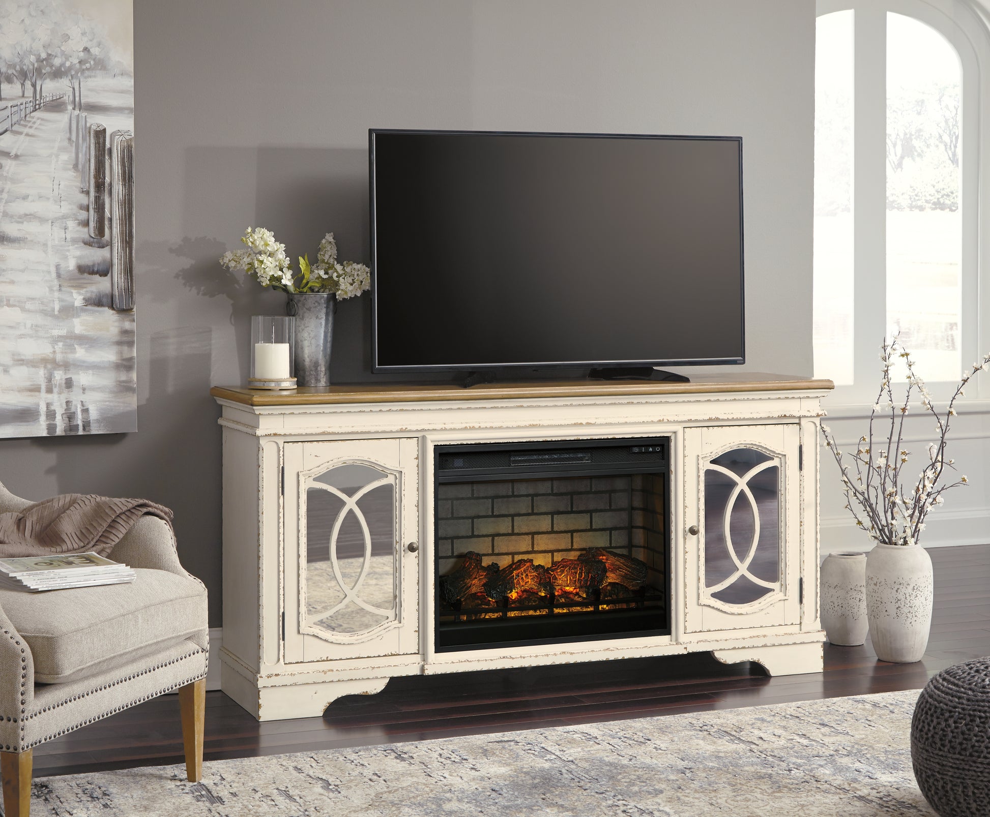 Bradenton Furniture Outlet - Ashley Furniture - Realyn 74" TV Stand with Electric Fireplace - 74" TV Stand with Electric Fireplace / Chipped White - W743W2
