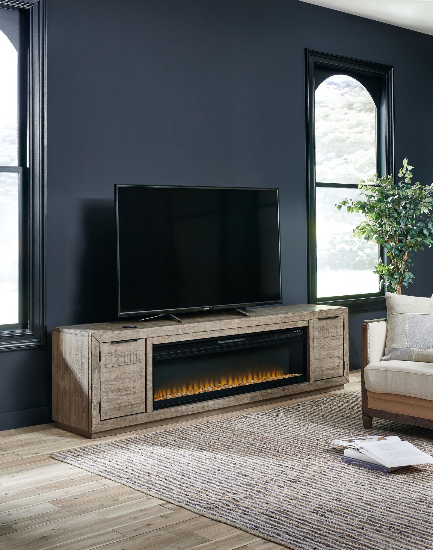 Bradenton Furniture Outlet - Ashley Furniture - Krystanza TV Stand with Electric Fireplace - TV Stand with Electric Fireplace / Weathered Gray - W760W1
