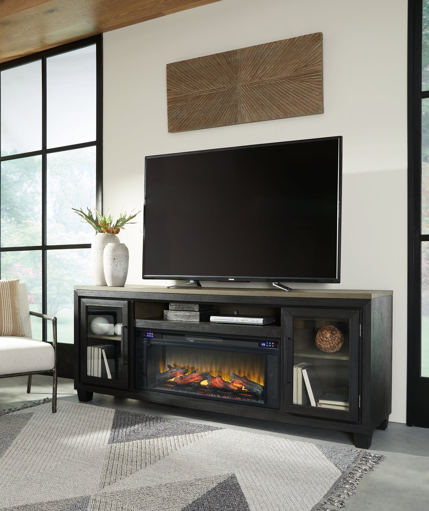 Bradenton Furniture Outlet - Ashley Furniture - Foyland 83" TV Stand with Electric Fireplace - 83" TV Stand with Electric Fireplace / Black/Brown - W989W1